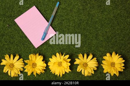 Leeres Notizpapier auf grünem Grashintergrund mit bunten Blumen Stockfoto