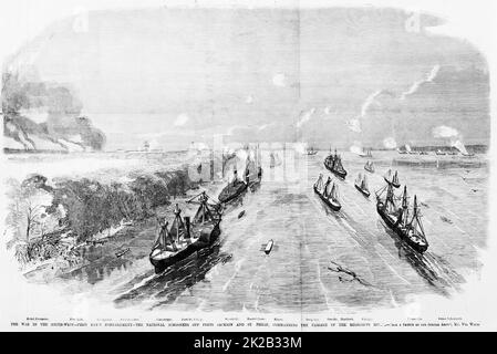 Der Krieg im Südwesten - die Bombardierung am ersten Tag - die nationalen Schoner vor den Forts Jackson und St. Philip, die die Passage des Mississippi River befehligen. April 1862. Schlacht bei den Forts Jackson und St. Philip. Illustration des amerikanischen Bürgerkriegs des 19.. Jahrhunderts aus Frank Leslie's Illustrated Newspaper Stockfoto