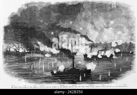 Die große Seeschlacht auf dem Mississippi - Passage der 2. Division der Nationalgeschwader an Fort Philip vorbei, 24.. April 1862. Schlacht bei den Forts Jackson und St. Philip. Illustration des amerikanischen Bürgerkriegs des 19.. Jahrhunderts aus Frank Leslie's Illustrated Newspaper Stockfoto