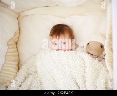 Schlafenszeit für Baby. High-Angle-Aufnahme eines entzückenden Babys in einem Kinderbett. Stockfoto