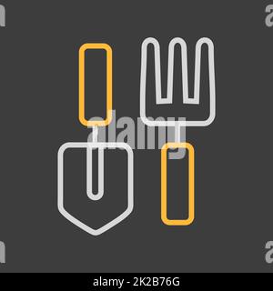 Symbol für Satz Gartenwerkzeuge. Schaufel, Heugabel, Rechen. Stockfoto