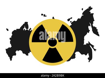 Kernwaffen stoppen - Konzeptbanner. Atombombenzeichen auf der Karte russlands. Russische Massenvernichtungswaffen dürfen nicht eingesetzt werden. Stoppt den Krieg in der Ukraine und auf der Erde. Vektordarstellung. Stockfoto