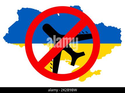 Schließen Sie den Himmel der Ukraine - Vektor. Protest gegen den Krieg in der Ukraine. Rotes Verbotsschild und Militärflugzeug mit Raketen und Bomben auf der Karte. Die Zerstörung der Zivilbevölkerung darf nicht zugelassen werden. Stockfoto