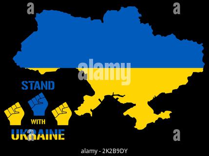 Steh mit dem ukrainischen Slogan - erhabene Faust . Das Konzept rettet die Ukraine vor Russland und beendet den Krieg. Ukrainischer Text auf der Farbkarte. Bete für den Frieden in der Ukraine. Die ganze Welt betet für die Ukraine. Vektorhand. Stockfoto