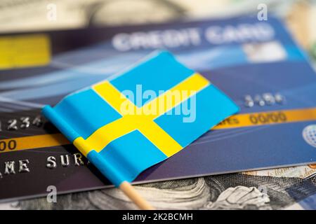 Schwedisches Kennzeichen auf der Kreditkarte. Finanzentwicklung, Bankkonto, Statistik, Investment Analytic Research Data Economy, Börsenhandel, Unternehmenskonzept. Stockfoto