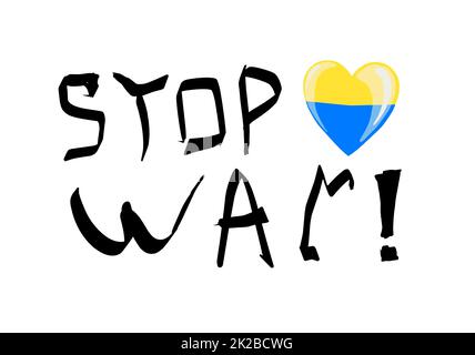 Die Inschrift in den Nationalfarben der Ukraine. Vektordarstellung zur Unterstützung der Ukraine. Gelb-blauer Hintergrund, T-Shirt-Druck. Konzept, um den Krieg zu stoppen. Die Inschrift stoppt den Krieg. Stockfoto