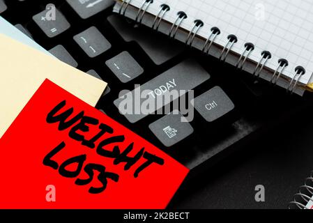 Text mit inspiratorischer Gewichtsabnahme. Wort geschrieben über eine Reduzierung der Gesamtkörpermasse aufgrund eines mittleren Flüssigkeitsverlustes Eingabe wichtige Informationen Online, Tippen Funny Internet Blog Stockfoto