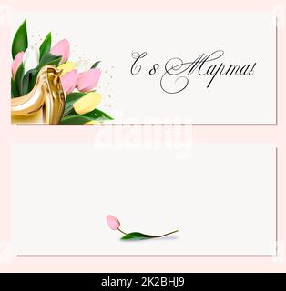 März 8 handgeschriebener Text mit Blumen auf Russisch. Vorlage für Poster, Postkarten, Banner. Übersetzung russischer Inschriften: März 8. Internationale Postkarte zum Damentag Stockfoto