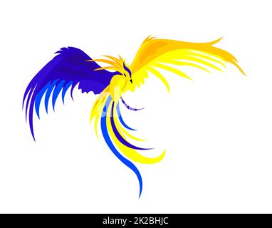 Phoenix. Vektor-Illustration zur Unterstützung der Ukraine. Gelb-blauer Vogel, T-Shirt-Print. Konzept stoppen Sie den Krieg, bleiben Sie mit der ukraine. Stockfoto