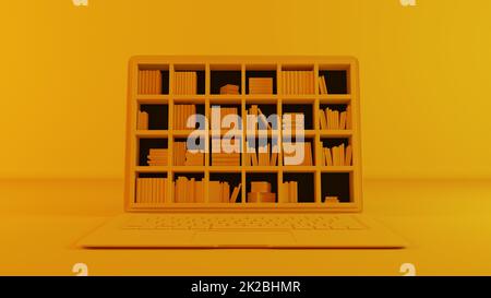 Bibliothek auf dem Computerbildschirm bereinigen gelben Hintergrund 3D-Rendering Stockfoto