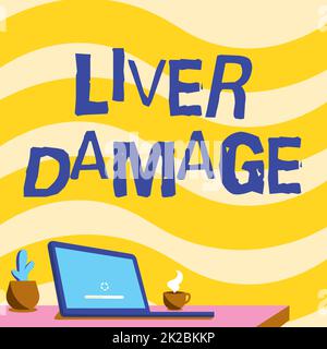 Inspiration zeigt Zeichen Leberschäden, Geschäftsidee jede Störung der Leberzirrhose oder Vernarbung der Leber Büroschreibtisch Zeichnung mit Laptop-Stift Stockfoto
