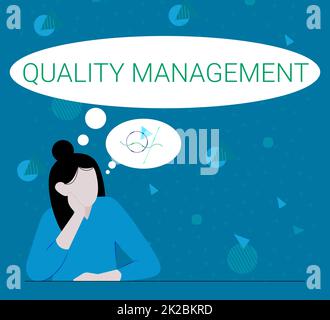 Textüberschrift zur Präsentation des Qualitätsmanagements. Word for Maintain Excellence Level High Standard Product Services Illustration of Lady Thinking Deep Alone for New Amazing Tactical Ideas. Stockfoto