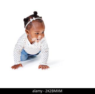 Zeit für eine Schatzsuche. Studioaufnahme eines entzückenden Mädchens, isoliert auf Weiß. Stockfoto