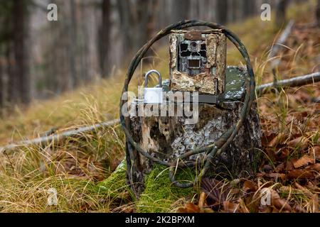 Wanderkamera in einer metallischen Schutzbox mit Kabel und Schloss Stockfoto