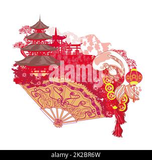 Japanischer Koi Vintage Fan - künstlerische abstrakte Illustration Stockfoto