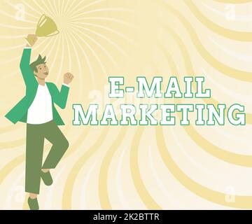 Handschrift Text E-Mail-Marketing. Geschäftsidee eine Werbebotschaft per E-Mail an eine Gruppe von Shows senden Gentleman Jumping Excitely Holding Trophy Showing Achievments. Stockfoto