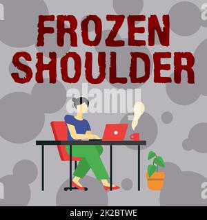 Handschrift-Schild Frozen Shoulder. Geschäftsansatz, der durch Steifigkeit und Schmerzen in Ihrem Schultergelenk gekennzeichnet ist Frau, die mit der Laptop-Rückansicht sitzt und die Arbeit von zu Hause aus aktiv erledigt Stockfoto