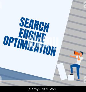Inspiration mit Anzeige der Suchmaschinenoptimierung. Geschäftsansatz Zunahme des Zugriffs auf Geschäftsseiten und Analysen Mann Standing Drawing Holding Megaphone Pointing Blank Wall. Stockfoto