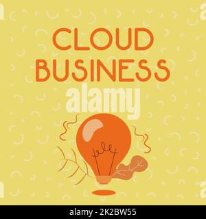 Handschriftlicher Text Cloud Business. Konzeptionelles Fotocomputing, das sich auf gemeinsam genutzte Computerressourcen stützt beleuchtete Glühbirnen Zeichenpflanzen Shell zeigt Technologieideen. Stockfoto