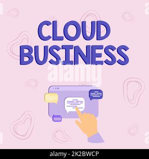 Textzeichen für Cloud Business. Konzeptionelles Fotocomputing, das auf gemeinsam genutzten Computerressourcen basiert Hand zeigt Wachstumsgrafik zeigt Web-Browser-Bildschirm an. Stockfoto