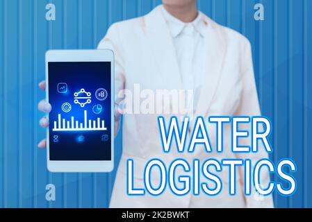 Konzeptionelle Darstellung Wasserlogistik. Wort geschrieben auf Wasser Logistik Dame drücken Bildschirm des Mobiltelefons zeigt die futuristische Technologie Stockfoto