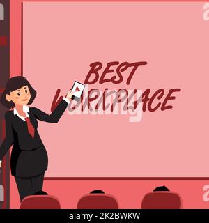 Schreiben mit Anzeige des Textes „Beste Arbeitsumgebung“. Ein Wort über das ideale Unternehmen für die Arbeit mit einer stressfreien Frau mit Fernbedienung, die die neuesten Ideen auf dem Bildschirm präsentiert. Stockfoto