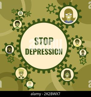 Inspiration mit Schild „Depression stoppen“. Konzept bedeutet, dass die Gefühle von heftiger Verzweiflung und Niedergeschlagenheit von Kollegen, die in Zahnrädern präsentiert werden und die Definition von Teamarbeit zeigen, beendet werden Stockfoto