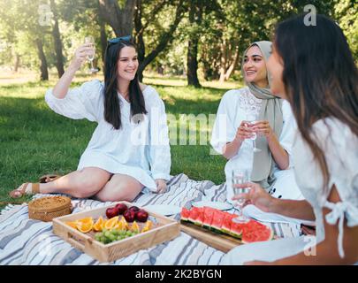 Picknick, Champagner und Frauen stoßen im Sommer in einem Park im Freien an, Essen, Trinken und eine glückliche Gruppe von Freunden in der Natur am Wochenende. Vielfalt Stockfoto