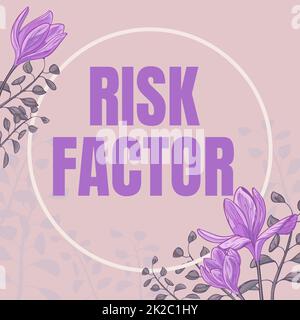 Handgeschriebenes Zeichen Risikofaktor. Geschäftsmerkmal, das den Prozentsatz der Anschaffung einer Krankheit erhöhen kann Textrahmen umgeben von verschiedenen Blumen Herzen und Blätter. Stockfoto