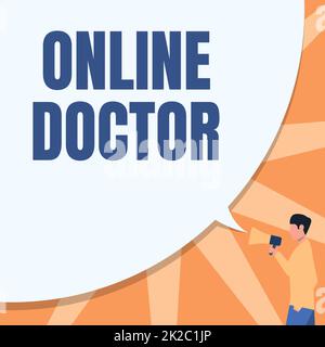 Inspiration mit Schild „Online Doctor“. Konzept bedeutet Gesundheitsfachkräfte bieten Dienstleistungen über das Internet man Zeichnen Hand in Pocket Holding Megaphone mit großer Sprechblase. Stockfoto