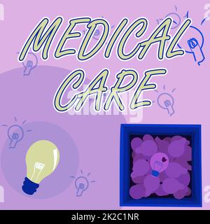 Inspiration mit Zeichen Medical Care. Konzeptionelle Fotodienstleistungen im Zusammenhang mit der Erhaltung der Gesundheit und Behandlung Glühbirnen Zeichnung in Box Entdecken frischer Entdeckungen. Stockfoto