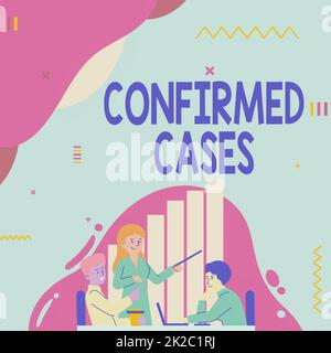 Schild mit bestätigten Fällen. Konzeptionelle Fotosammlung von Umständen oder Bedingungen, die eine Aktion erfordern Lady Drawing, die ihrem Teamkollegen die Prozessschritte erklärt. Stockfoto