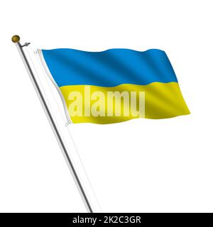 Ukraine Fahnenmast 3D Abbildung auf weiß mit Clipping-Pfad Stockfoto