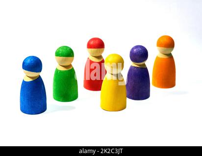 Menschen aller Art. Eine Serie von symbolischen Bildern von Holzmenschen. Stockfoto