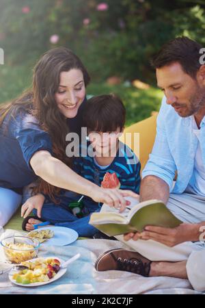 Ihre Lieblingsgeschichte als Familie zu lesen. Aufnahme einer Eltern, die ihrem Sohn während eines Picknicks im Park ein Buch vorlas. Stockfoto