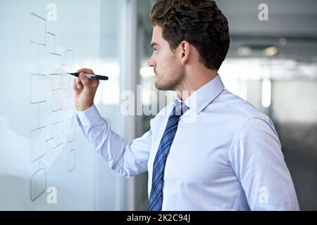 Die Entwicklung seiner Unternehmensstrategie. Beschnittene Ansicht eines jungen Geschäftsmannes, der eine mindmap-Grafik auf einer Glaswand anstellt. Stockfoto