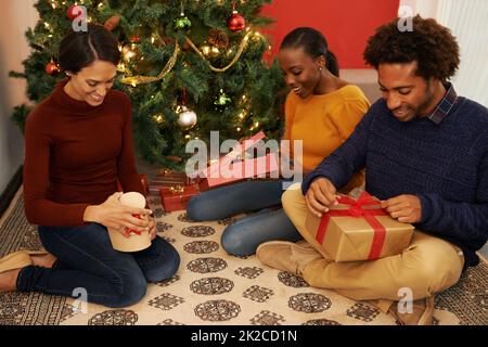 Definitiv ein Highlight der Saison.... Aufnahme einer Gruppe junger Menschen, die gemeinsam Weihnachten feiern. Stockfoto