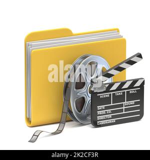 Gelbes Ordnersymbol Filmrolle und Klapptafel 3D Rendering Illustration isoliert auf weißem Hintergrund Stockfoto