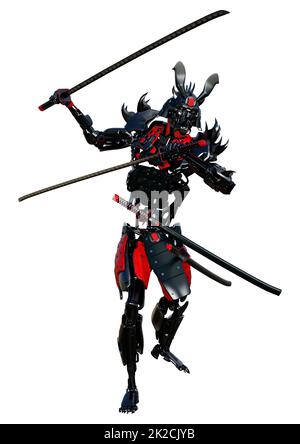 3D-Rendering männlicher Samurai-Roboter auf Weiß Stockfoto