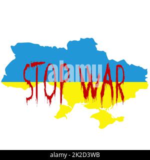 STOP WAR Konzept mit Ukraine Karte in Ukraine Flagge Farben Stockfoto