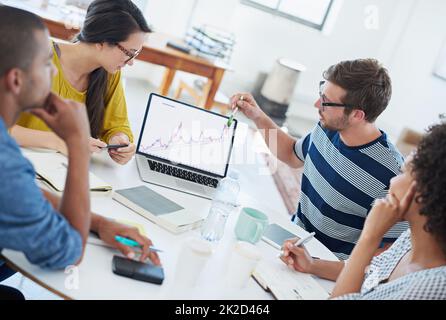 Das Wachstum des Unternehmens zu verzeichnen. Aufnahme einer Gruppe junger Designer bei der Arbeit in einem Büro. Stockfoto