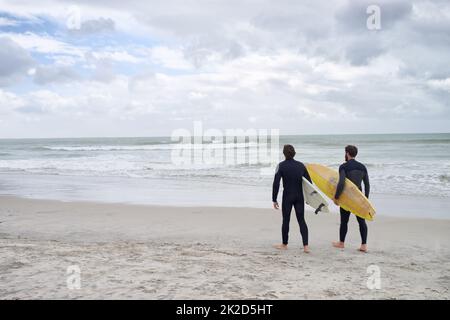 Surfen mit meinem besten Kumpel. Zwei junge Surfer am Strand. Stockfoto