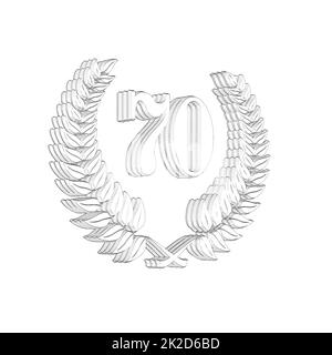 Nummer 70 mit Lorbeerkranz oder Ehrenkranz als 3D-Illustration, 3D-Darstellung Stockfoto