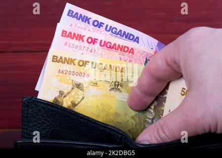 Ugandas Geld in der schwarzen Brieftasche Stockfoto