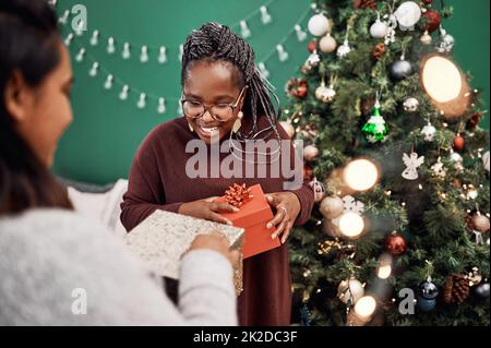 Vergessen Sie nicht, das größte Geschenk ever...friendship zu schätzen. Aufnahme von zwei glücklichen jungen Frauen, die während der Weihnachtszeit zu Hause Geschenke austauschen. Stockfoto