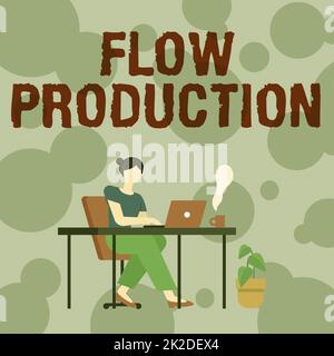 Konzeptionelle Beschriftung Flow Production. Konzept bedeutet, dass Elemente von einem Verarbeitungsschritt zum nächsten produziert werden, wenn eine Frau mit Laptop-Rückansicht sitzt und Arbeit von zu Hause aus erledigt Stockfoto