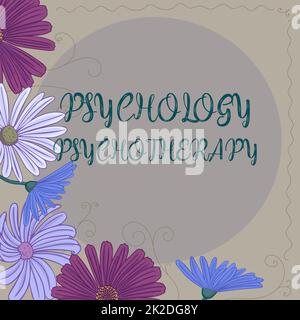 Konzeptionelle Displaypsychologie Psychotherapie. Begriffliche Fotobehandlung psychischer Störungen mit psychologischen Mitteln Textrahmen umgeben von verschiedenen Blumenherzen und Blättern. Stockfoto