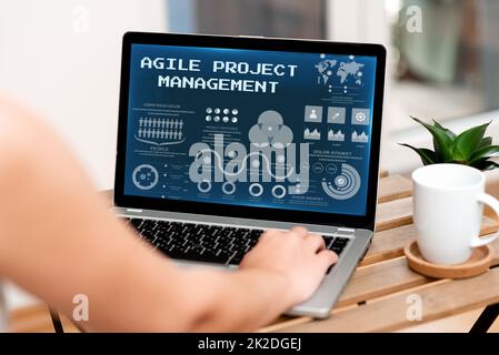 Text mit Inspiration Agile Project Management. Managementmethodik für Geschäftskonzepte von der traditionellen bis zur modernen Technologie. Neben Coffe Tasse und Plant Working From Home können Sie auf dem Laptop von Hand tippen. Stockfoto