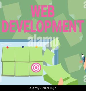 Konzeptionelle Bildunterschrift Web Development. Business Idea Web Development Backdrop Presenting Sticky Notes Hands Writing Paper hat sich Ziele gesetzt. Stockfoto