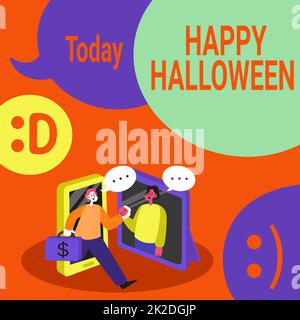 Textzeichen mit Happy Halloween. Konzept bedeutet Abend vor den christlichen heiligen Tagen des Allerheiligen Tages zwei Kollegen treffen sich online und diskutieren zukünftige Projektideen. Stockfoto